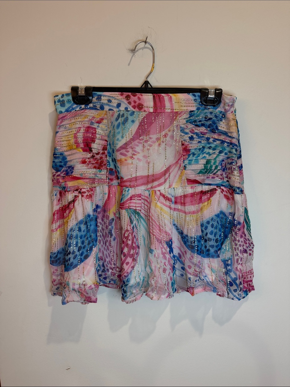 Ciebon Multicolor Printed Ruffle Mini Skirt w/Gold “Fairy Threading” - S